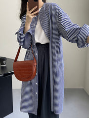 Long Sleeves Loose Striped Round-Neck Midi Dresses Shirt Dress