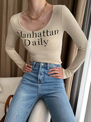 Long Sleeves Skinny Letter Print U-Neck T-Shirts