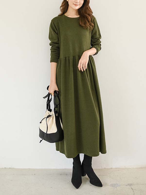 Casual Loose Long Sleeves Solid Color Round-Neck Midi Dresses