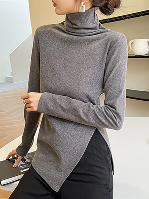 Casual Skinny Long Sleeves Split-Side Solid Color High-Neck T-Shirts Tops