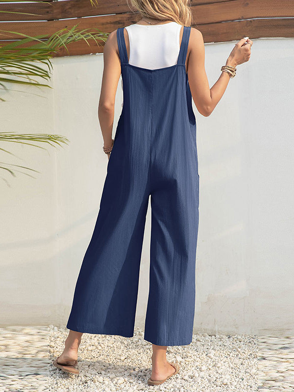 Loose Wide Leg Solid Color Square-Neck Overalls