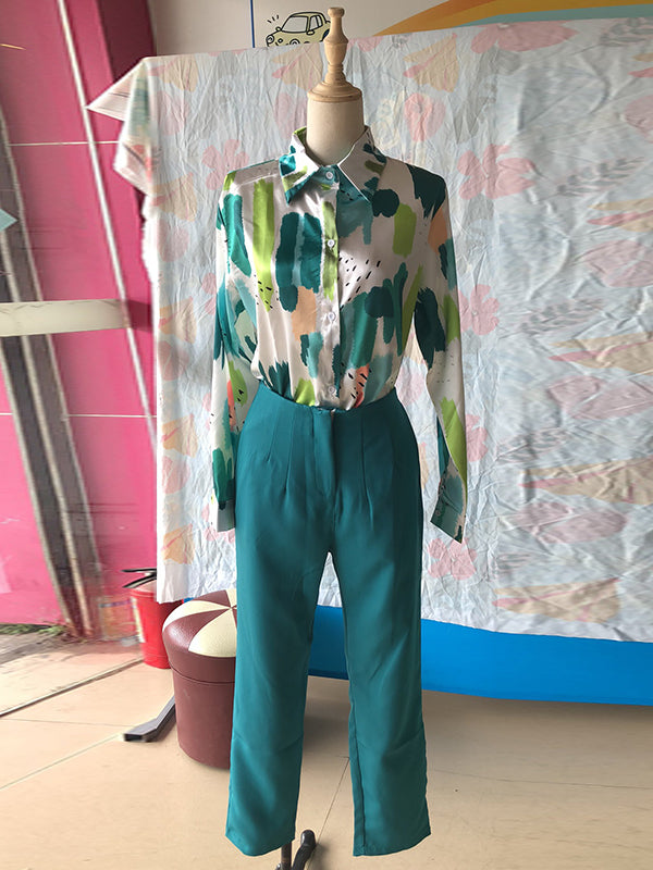 Long Sleeves Buttoned Printed Lapel Blouses Top + High Waisted Pants Bottom Two Pieces Set