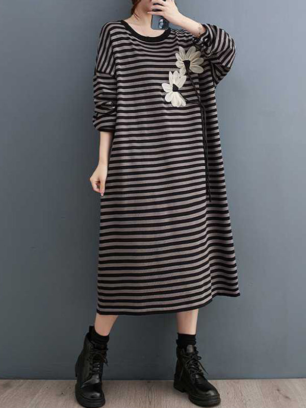 A-Line Long Sleeves Contrast Color Flower Print Keep Warm Striped Round-Neck Midi Dresses