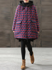 Vintage Loose Plaid Quilted Hooded Padded Coat