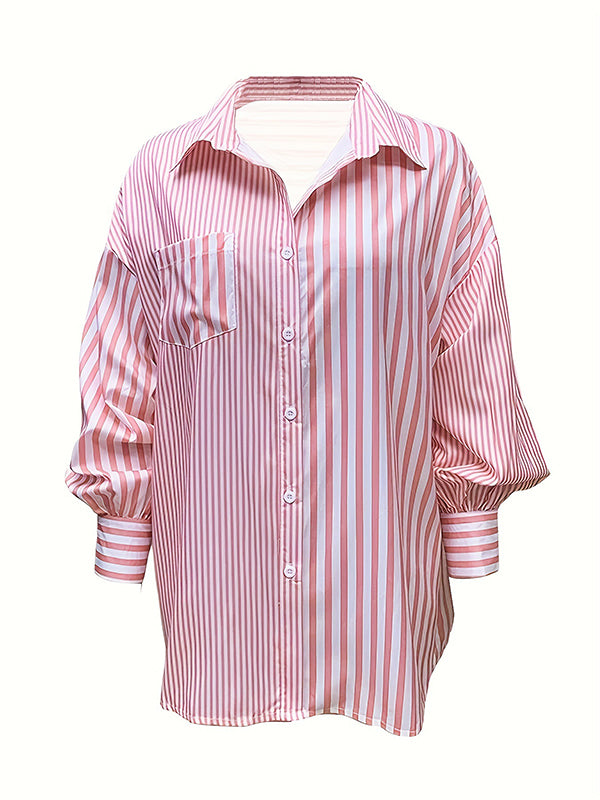 Long Sleeves Loose Buttoned Contrast Color Pleated Pockets Split-Joint Striped Lapel Blouses&Shirts Tops