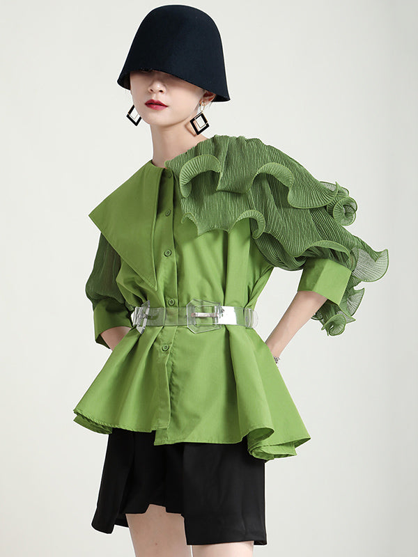 Stylish Asymmetric Split-Joint Falbala With Belted Half Sleeves Blouses