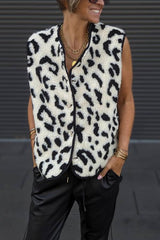 Women's Leopard Print Front Opening Casual Autumn and Winter Vest Jacket