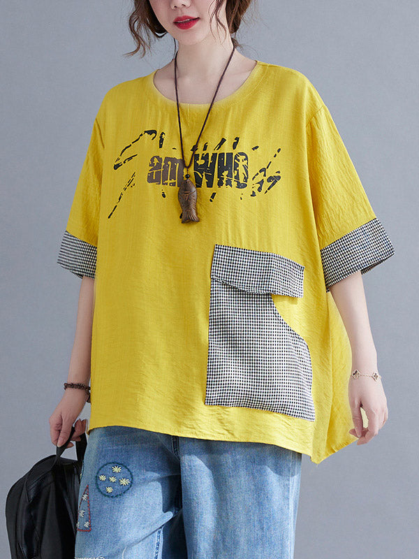 Original Letter Print Split-Joint Round-Neck T-Shirts Tops