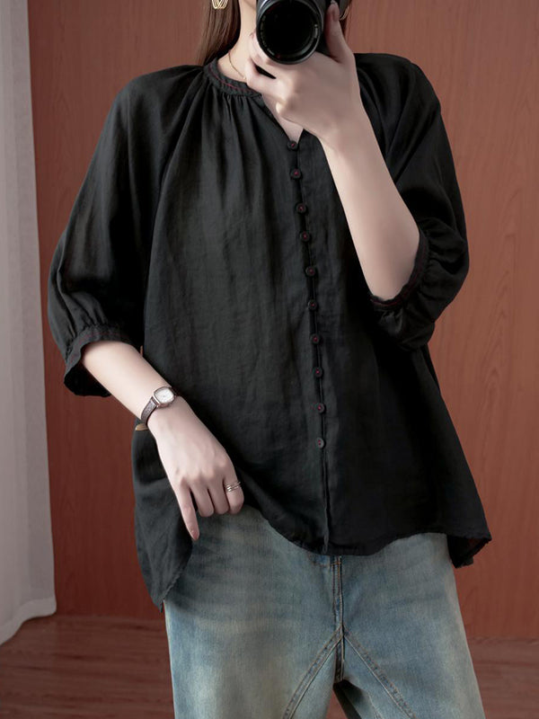 Simple Casual Solid Buttoned Pleated Blouse