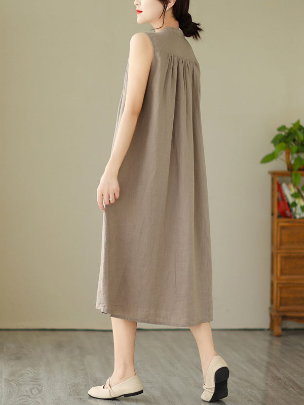 A-Line Sleeveless Buttoned Pleated Solid Color Round-Neck Midi Dresses