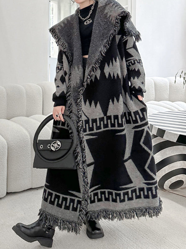 Long Sleeves Loose Contrast Color Tasseled Lapel Cardigan Coats