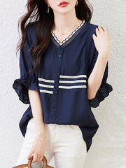 Flared Sleeves Half Sleeves Asymmetric Buttoned Pleated Ruffled Striped V-Neck Blouses&Shirts Tops