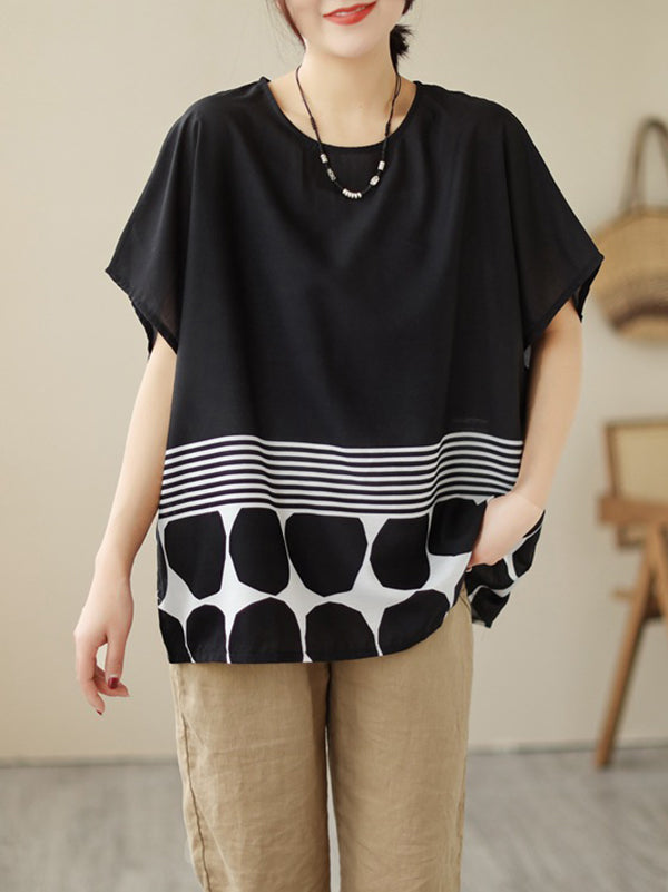 Loose Short Sleeves Polka Dot Split-Joint Striped Round-Neck T-Shirts Tops