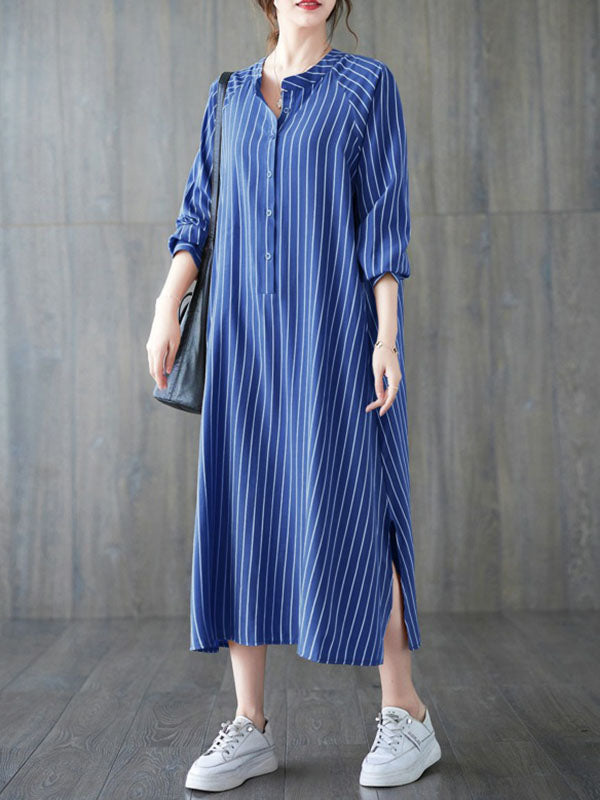 Long Sleeves Loose Buttoned Split-Side Striped Round-Neck Midi Dresses Shirt Dress