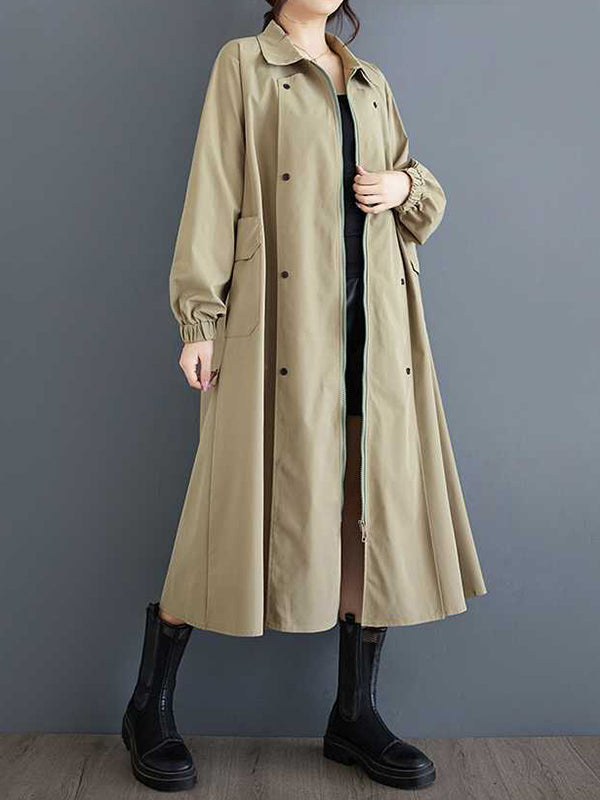 Long Sleeves Loose Buttoned Elasticity Pockets Split-Joint Zipper Lapel Outerwear Trench Coats