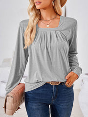 Long Sleeves Loose Pleated Solid Color Square-Neck T-Shirts Tops