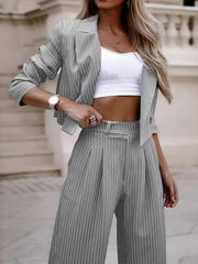 Loose Split-Joint Striped Lapel Jacket Outer + Straight Leg Pleated Suit Pants Two Pieces Set