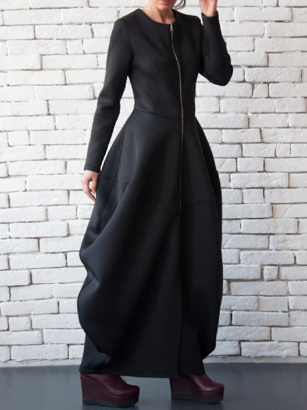 Split-Joint Zipper Round-Neck Maxi Dress Coat Bubble Dress