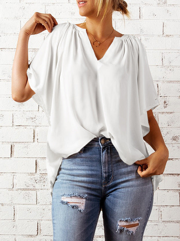 Simple Casual Solid Color Loose Pleated Half Sleeves T-Shirt Top