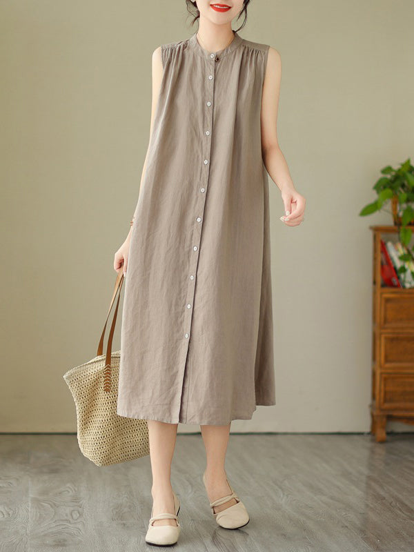 A-Line Sleeveless Buttoned Pleated Solid Color Round-Neck Midi Dresses