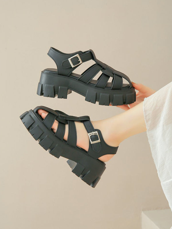 Belt Buckle Hollow Round-Toe Split-Joint Gladiators Platform Shoes Sandals