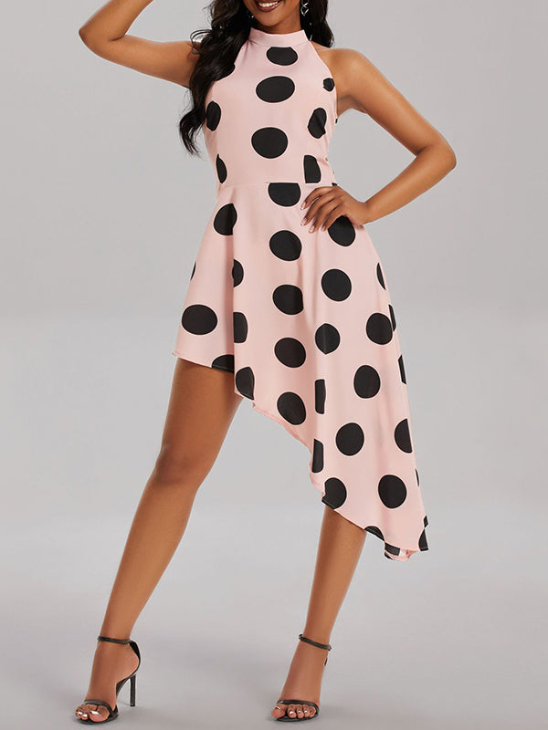 Loose Sleeveless Asymmetric Polka-Dot Halter-Neck Midi Dresses