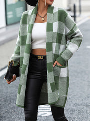 Long Sleeves Loose Contrast Color Plaid Cardigan Coats