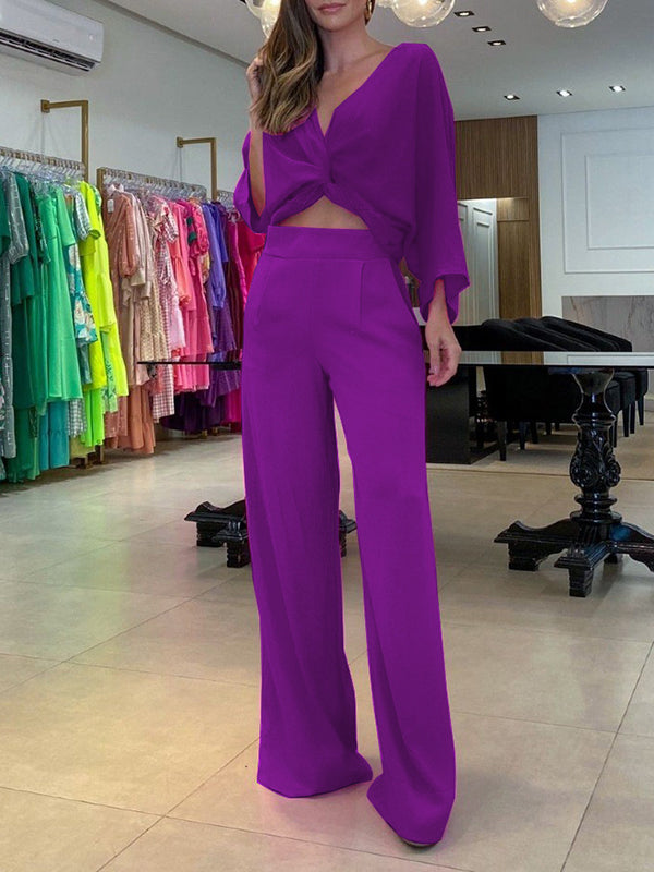 Solid Color Triangle Bras + Three-Quarter Sleeves Blouse + Pants Trousers Three Pieces Set