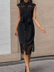 Loose Sleeveless See-Through Solid Color Split-Joint Tied Waist Lapel Midi Dresses Shirt Dress