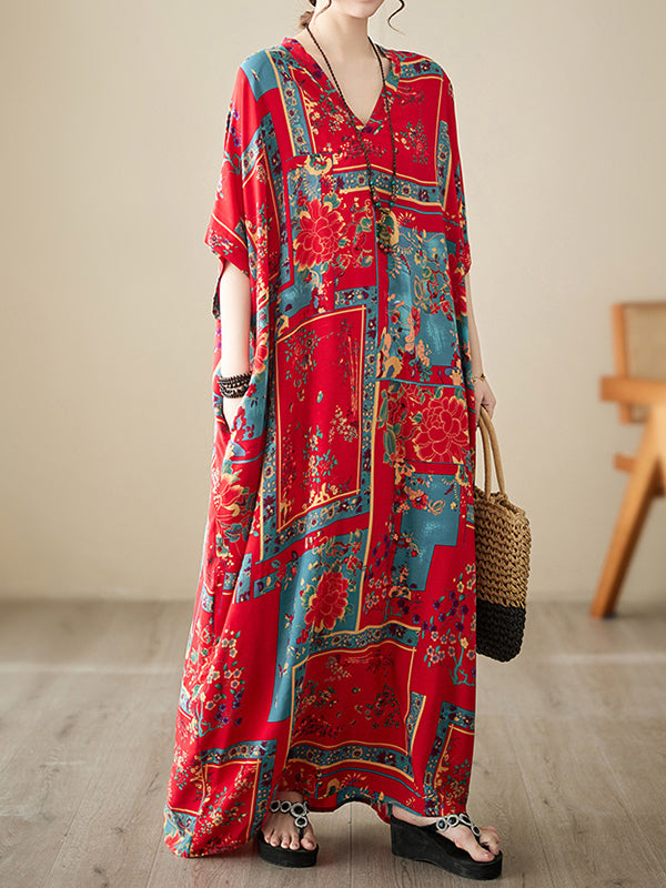 Loose Short Sleeves Floral Printed Multi-Colored V-Neck Maxi Dresses