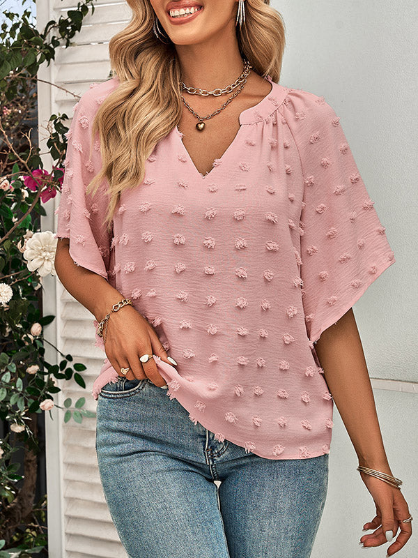 Half Sleeves Loose Jacquard Solid Color V-Neck T-Shirts Tops