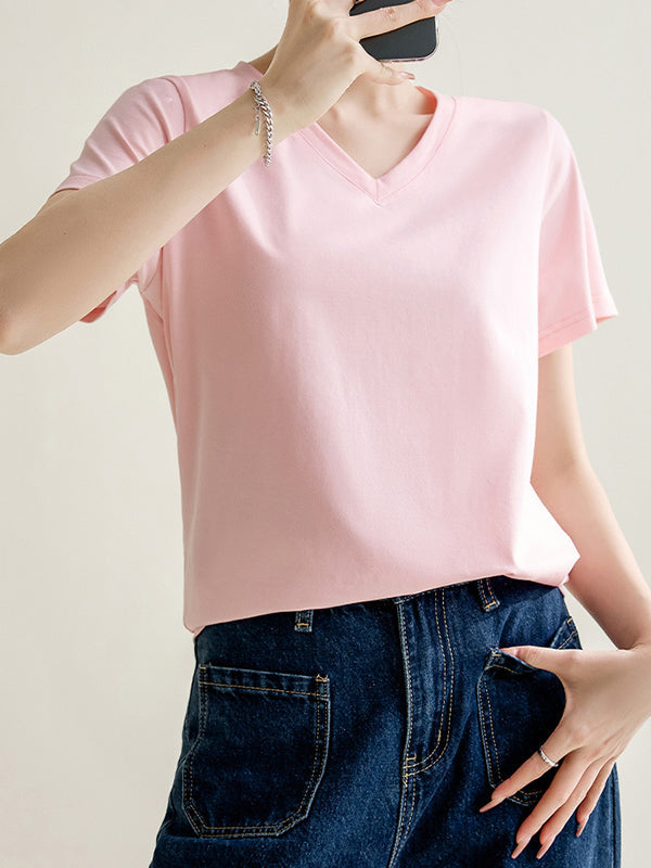 Loose Short Sleeves Solid Color V-Neck T-Shirts Tops