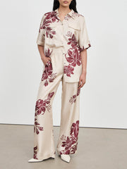 Modern Satin Floral Print Side Pocket Wide Leg Pants