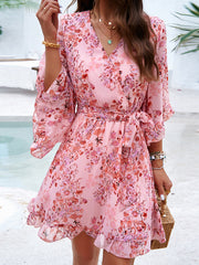 Flared Sleeves Half Sleeves Flower Print Ruffle Trim Split-Joint Tied Waist V-Neck Mini Dresses