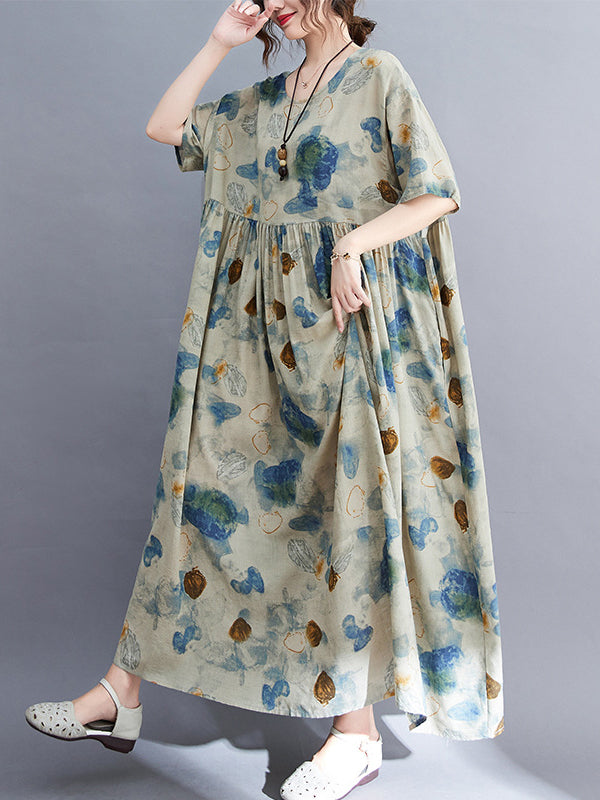 Artistic Retro Loose Floral Printed Pleated Vacation Midi Dress