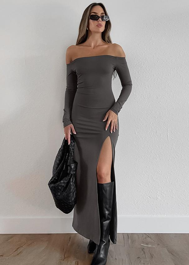 Sleek Off-Shoulder Maxi Dress with Slit Detail