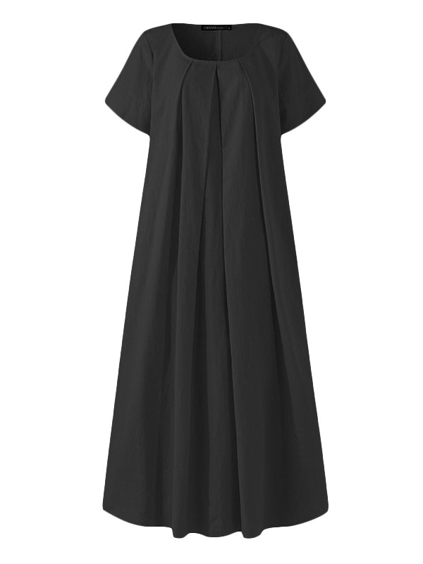 Simple Solid Color U-Neck Pleated Short Sleeves Maxi Dress