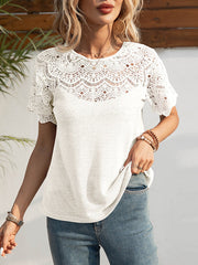 Loose Short Sleeves Hollow Solid Color Split-Joint Round-Neck T-Shirts Tops