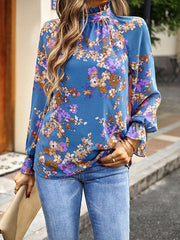 Flared Sleeves Long Sleeves Elasticity Flower Print Round-Neck Blouses&Shirts Tops