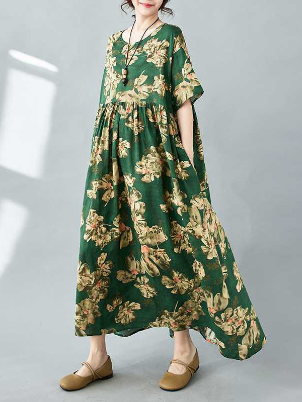 Half Sleeves Loose Flower Print Pleated Pockets Round-neck Midi Dresses