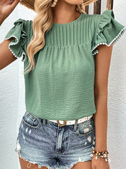 Loose Ruffle Sleeves Pleated Round-neck T-Shirts Tops