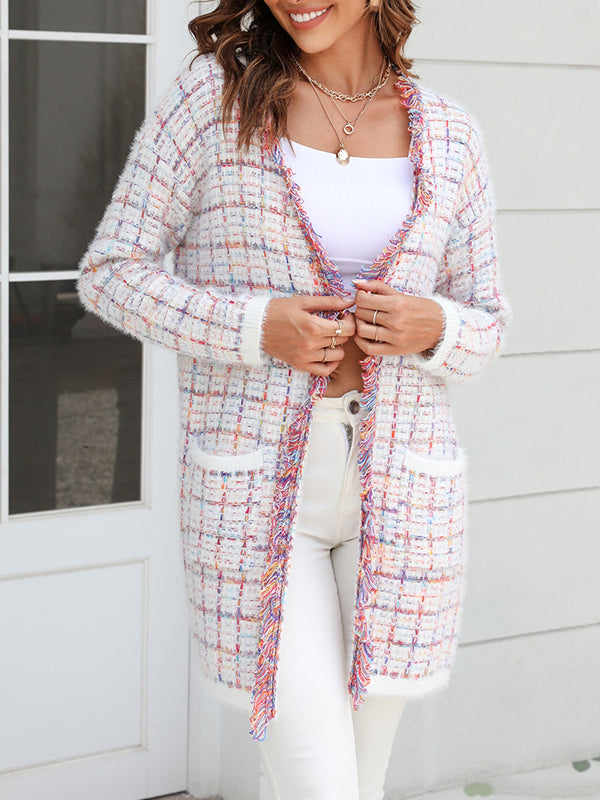 Long Sleeves Loose Plaid Pockets Tasseled Collarless Cardigan Tops