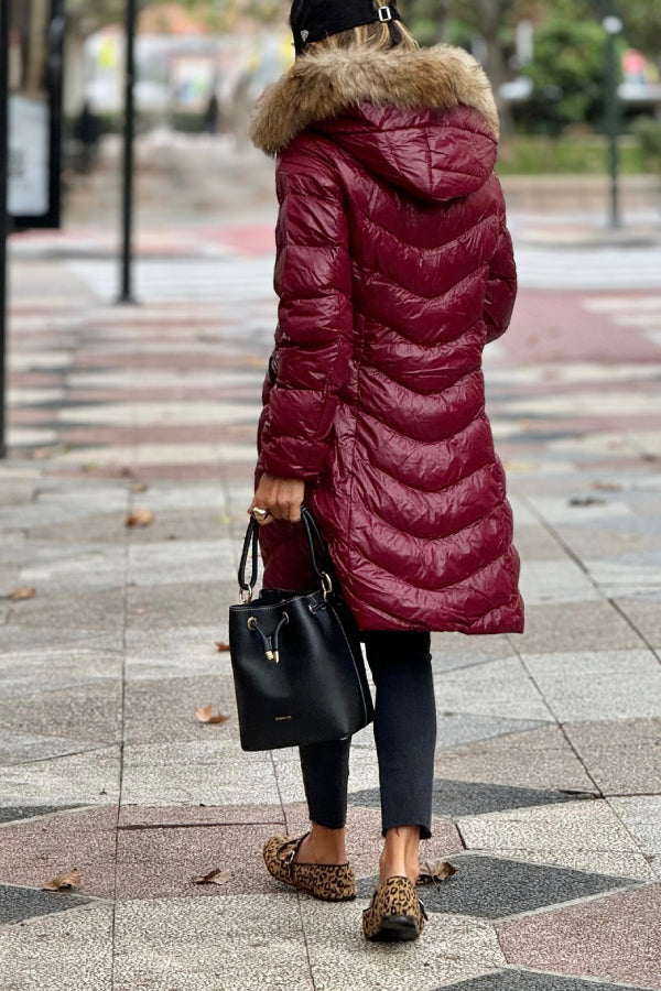 Burgundy Natural Fur Padded Coat