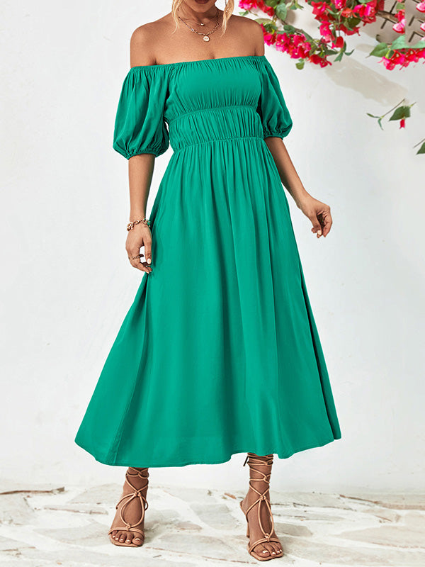 Loose Short Sleeves Solid Color Off-The-Shoulder Midi Dresses