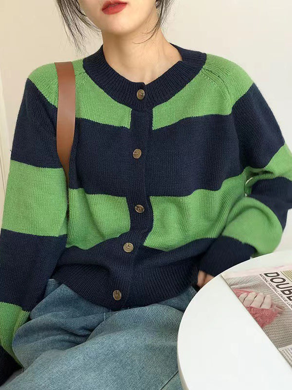 Casual Buttoned Contrast Color Striped Cardigan Tops