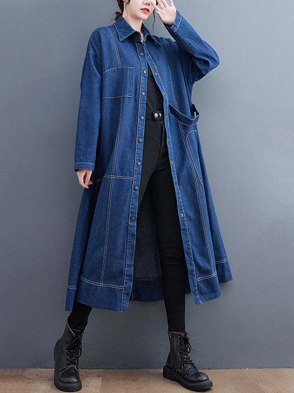 Casual Loose Long Sleeves Buttoned Lapel Collar Denim Trench Coats