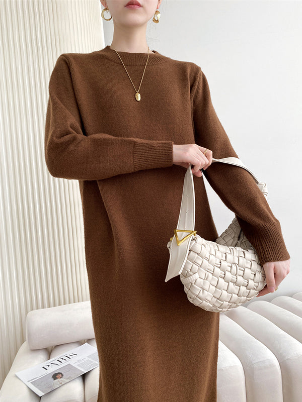 Urban Loose Long Sleeves Solid Color Round-Neck Sweater Dresses