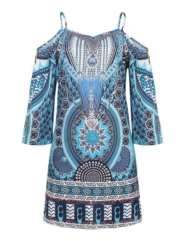 High Waisted Loose Hollow Printed Split-Joint Cold Shoulder Mini Dresses