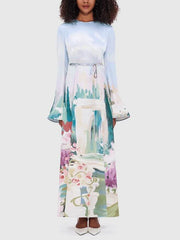 Exquisite Satin Graffiti Print Trumpet Sleeve Maxi Dress