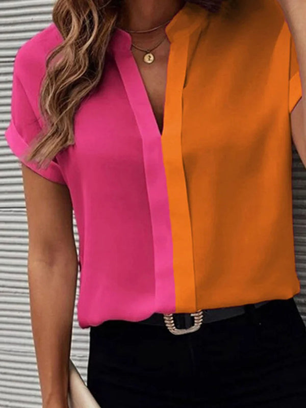 Short Sleeves Contrast Color Split-Joint V-Neck Blouses&Shirts Tops